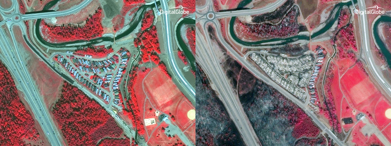 Before (left) and after (right) shots taken by the WorldView-3 satellite reveals the devastation. (Image: DigitalGlobe)